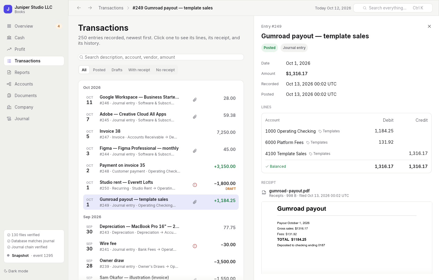 A transaction with its lines, its rendered receipt, and its history