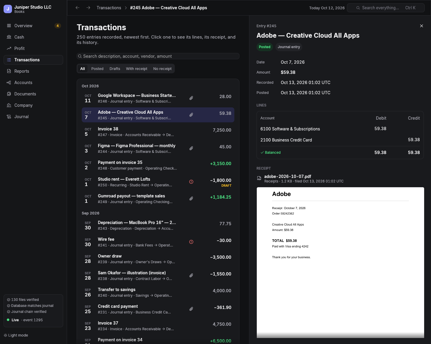 The wanderbooks viewer showing entry #245, Adobe Creative Cloud, with its lines and the rendered receipt